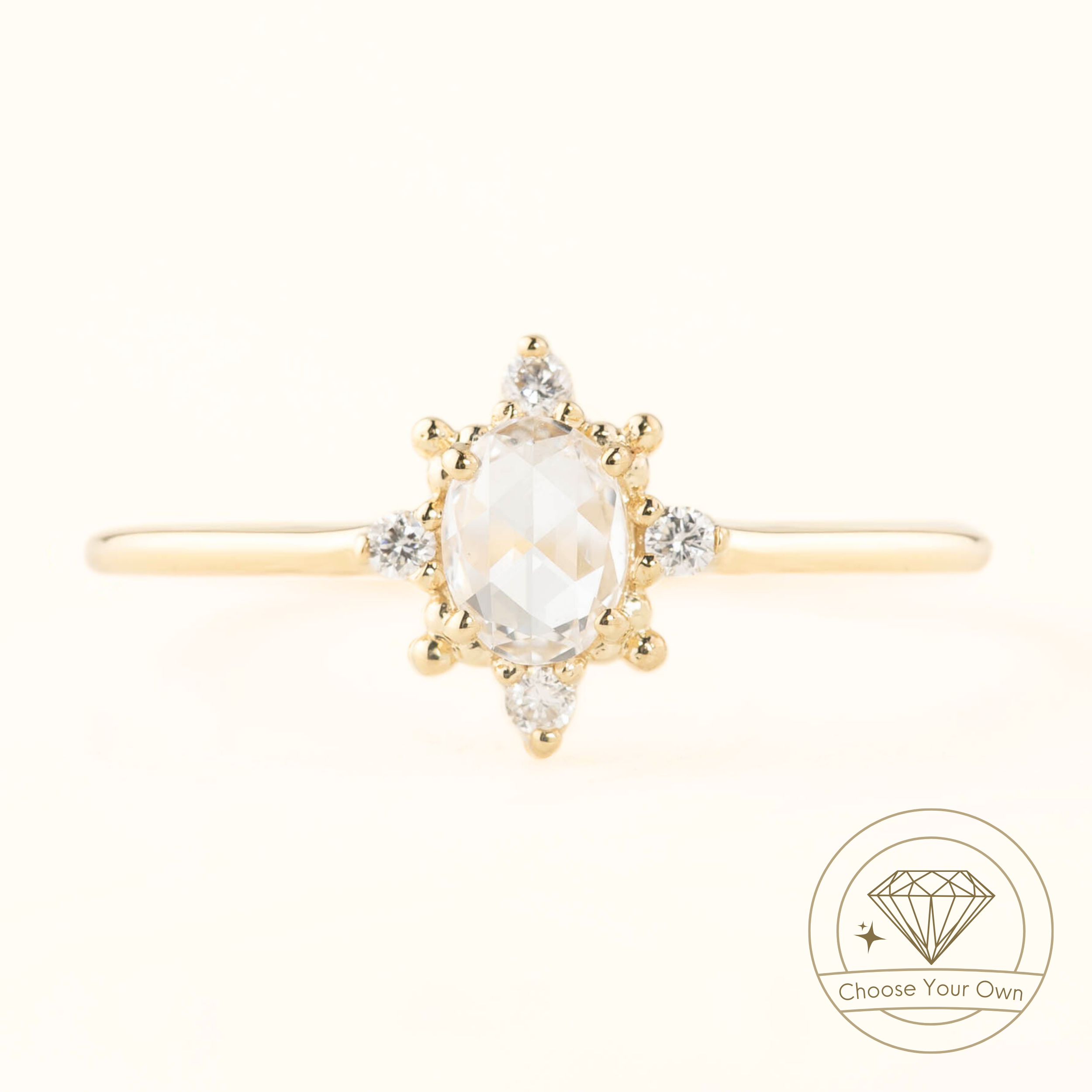 Victoria Ring with 0.41ct oval rose cut diamond and white accent diamonds in recycled gold band