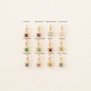 Birthstone Dahlia Charm add-ons featuring twelve authentic, ethically sourced gemstones in solid 14k gold settings.