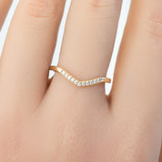 Esperanza Ring in solid gold with natural white diamonds in a curved design on a hand, 1.5mm band width