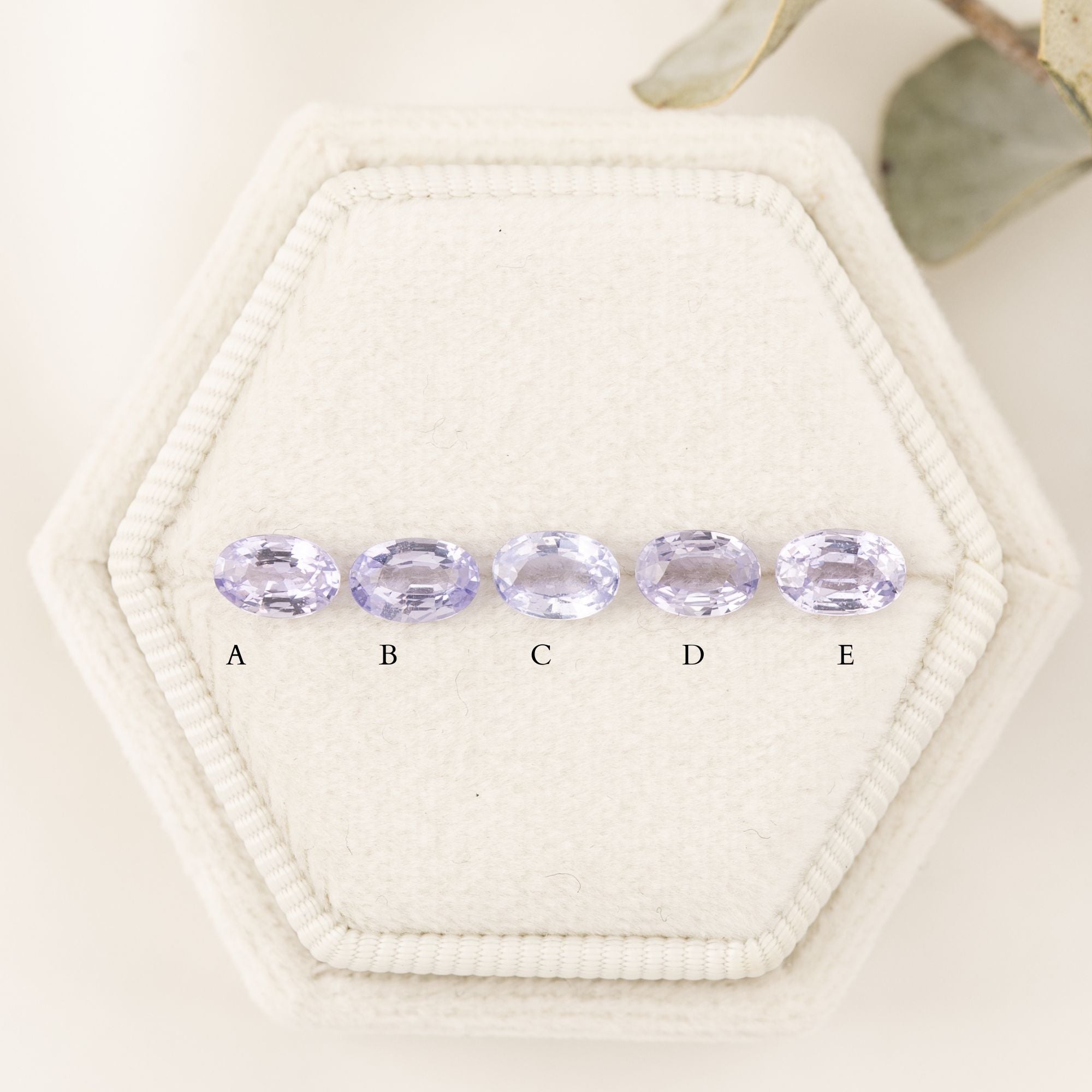 Five oval-shaped purple gemstones labeled A to E on a textured beige surface.