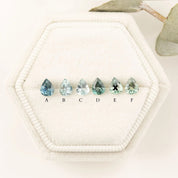 Six teardrop-shaped gemstones on a white hexagonal stone with labels A to F.