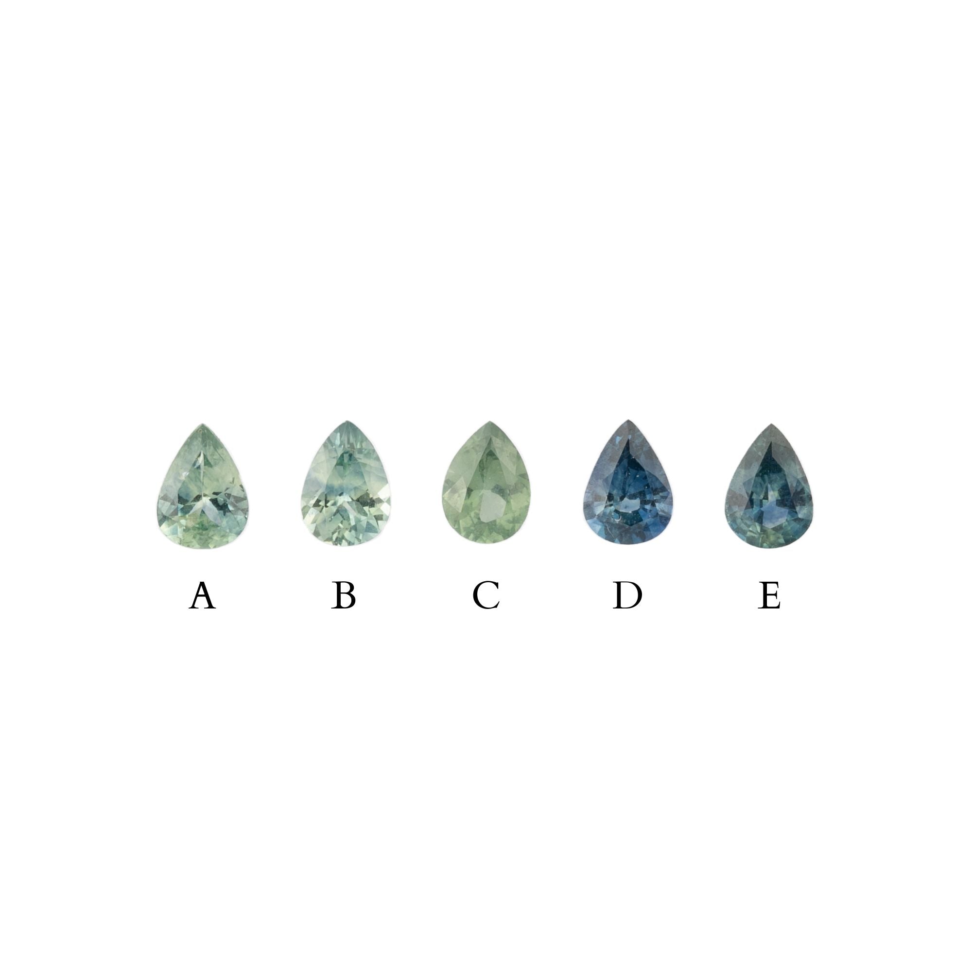 Five teardrop-shaped gemstones labeled A to E on a white background.