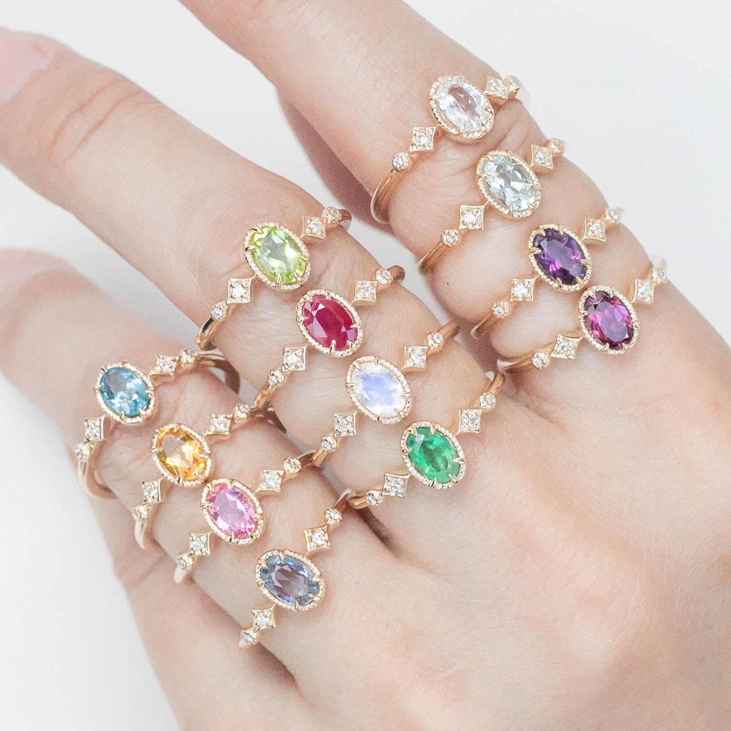 Birthstone Stella Ring stacked on hand all 12 months