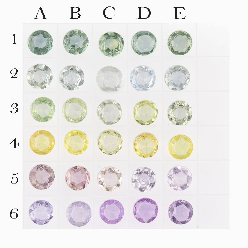 Color swatch with pastel gemstone shades labeled A to E.