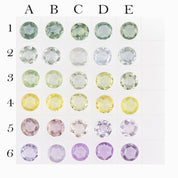 Color swatch with pastel gemstone shades labeled A to E.