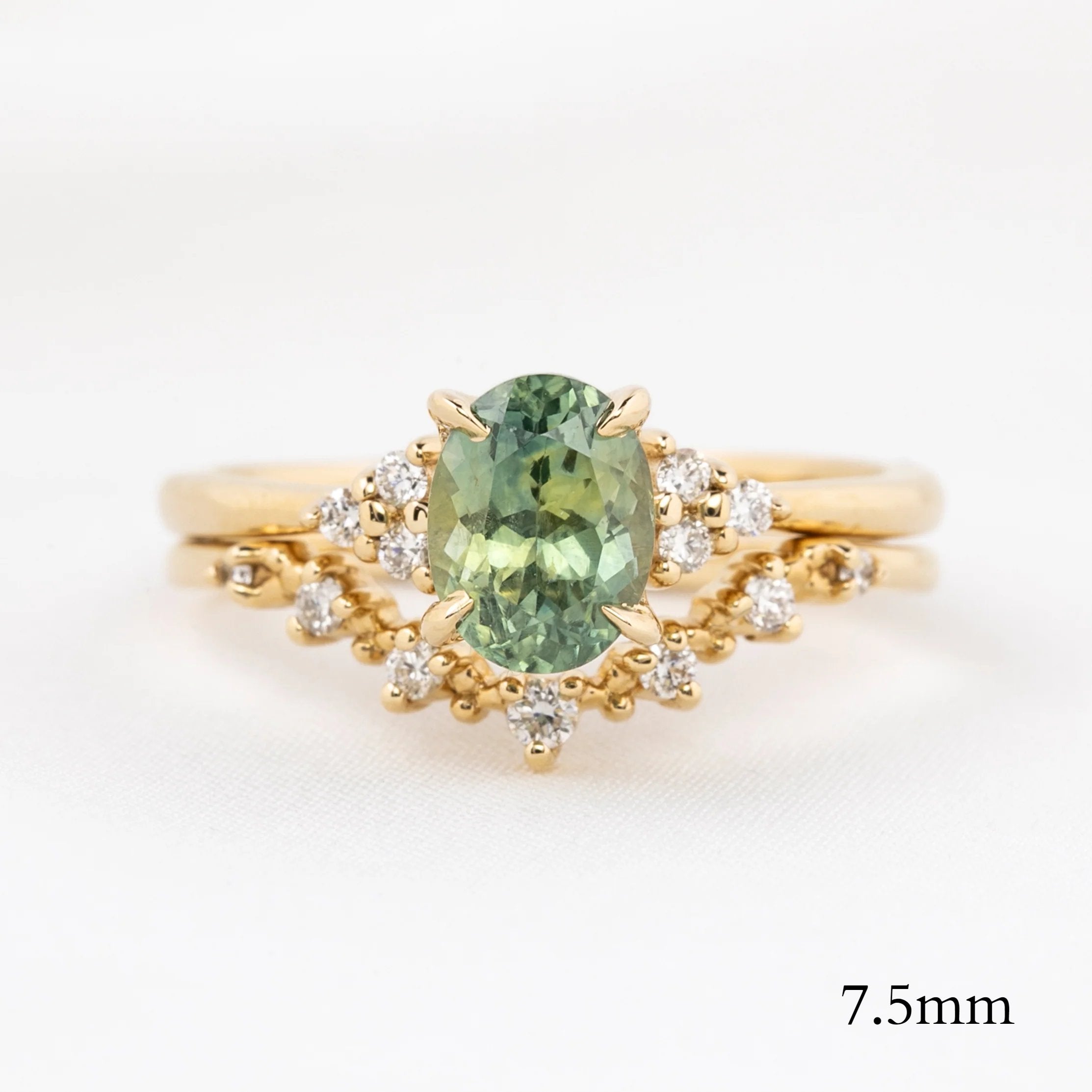 Gold Norah Tiara ring with oval green gemstone and natural white diamonds in V-shaped band, size 7.5mm
