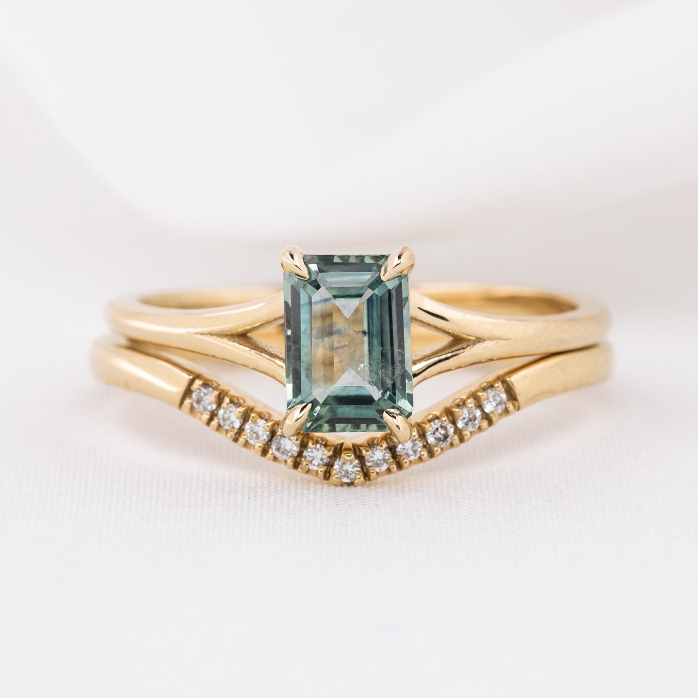 Esperanza Ring featuring natural white diamonds and a rectangular green gemstone set in ethically sourced solid gold band