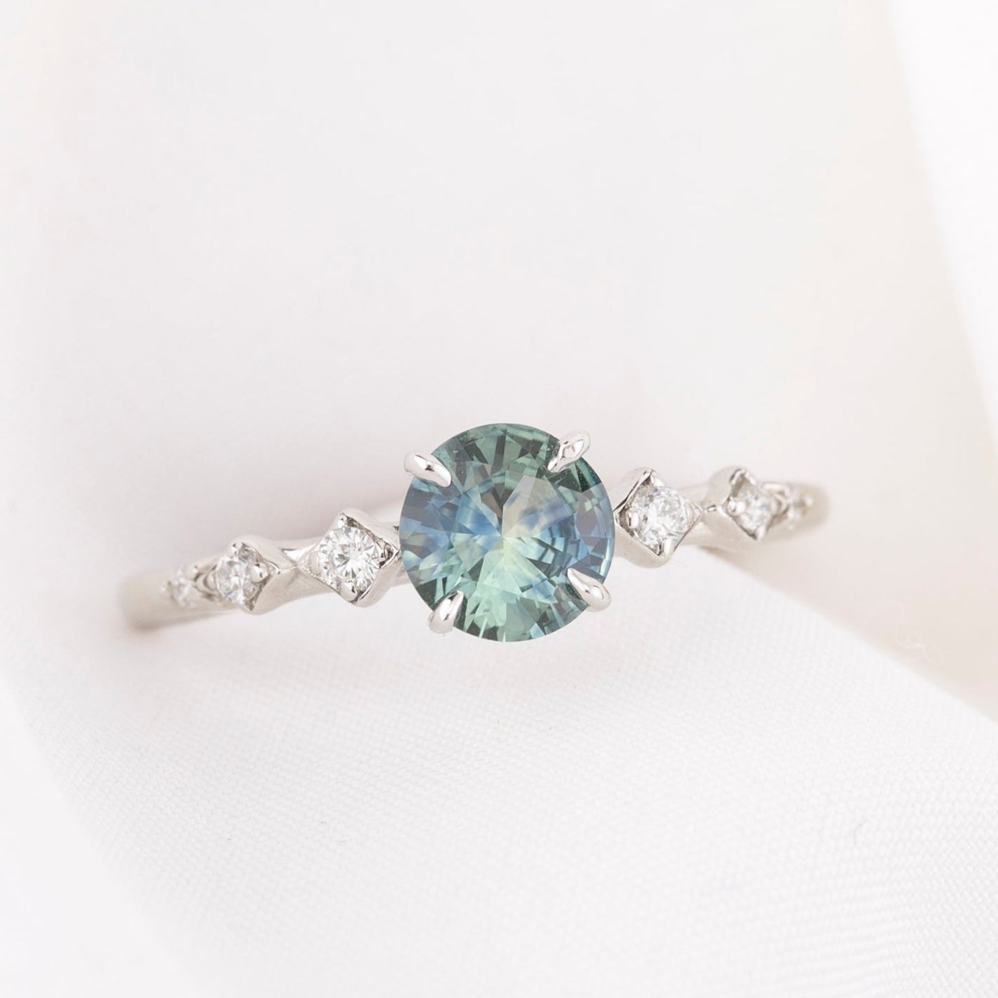 Celeste Ring, 0.73ct Parti Blue Green Round Montana Sapphire – Envero
