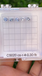 A series of round blue sapphires, set in a row, displayed in a hexagonal white box with each labeled A to E.