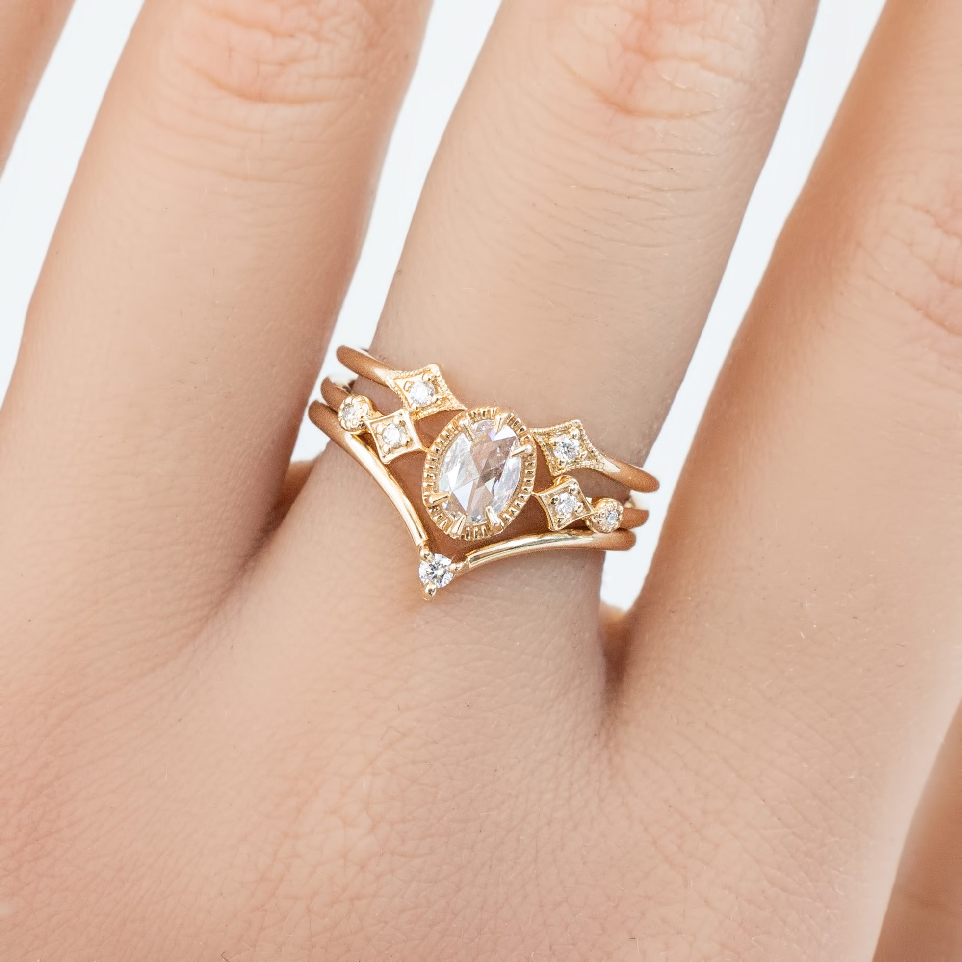 Double Star Diamond Open Ring in solid gold with natural white diamonds on hand, 1.3mm band width, ethically sourced gemstones.