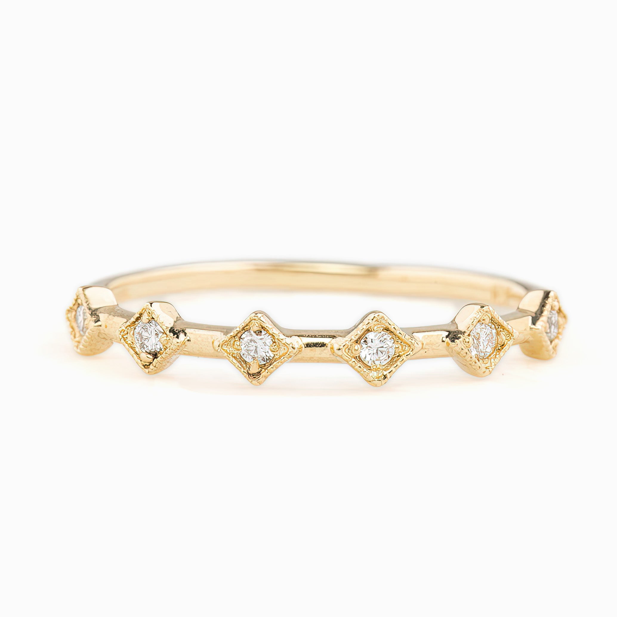 Gold Six Star Ring with natural white diamonds, G color, SI clarity, ethically sourced, shown on white background