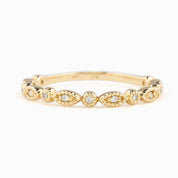 Gold petite eternity ring with milgrain design and natural white brilliant cut diamonds, art-deco inspired style