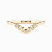Curved V-shaped gold ring with seven small white diamonds, delicate band, elegant Dahlia design ring.