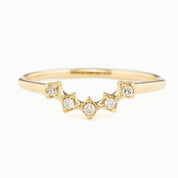 Gold star tiara ring with natural white diamonds, V-shaped band, ethically sourced solid gold jewelry piece.