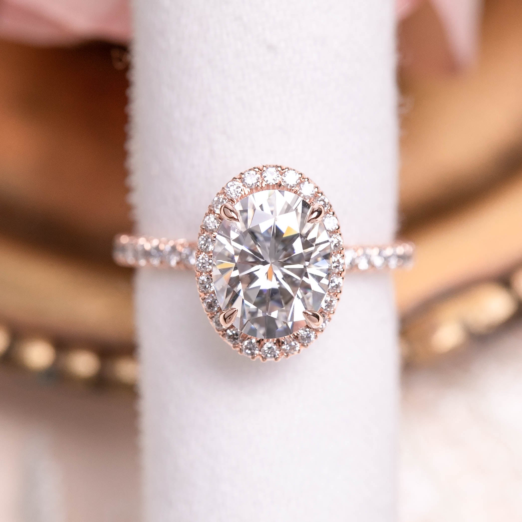 3ct certified Neo Moissanite halo ring with rose gold band and sparkling diamond accents in elegant floral design