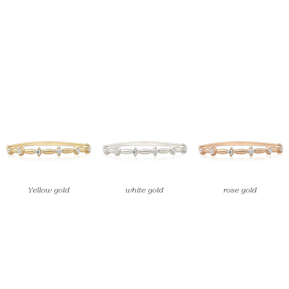 Distant Star Rings in yellow, white, and rose gold with natural white diamonds on slim 1.0mm bands.