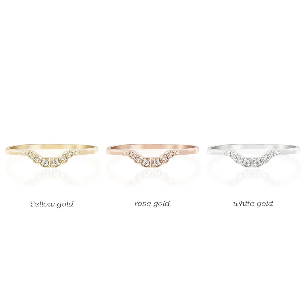 Set of three Isabel's Curved Rings in yellow, rose, and white gold with natural white diamonds and U-shaped bands.