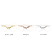 Set of three Isabel's Curved Rings in yellow, rose, and white gold with natural white diamonds and U-shaped bands.