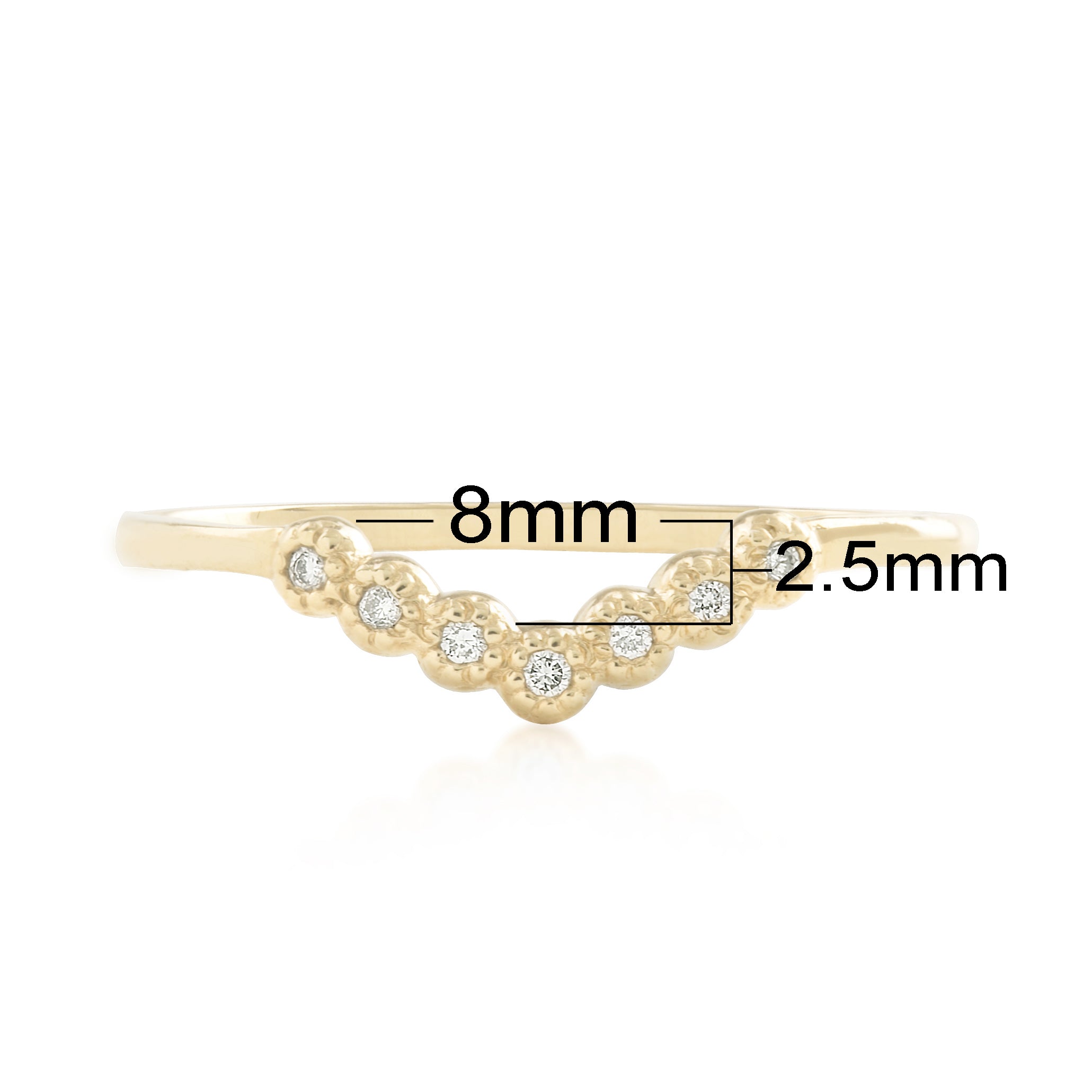 Gold Dahlia Curved Ring with natural white diamonds, 8mm width, 2.5mm dip, ethically sourced materials