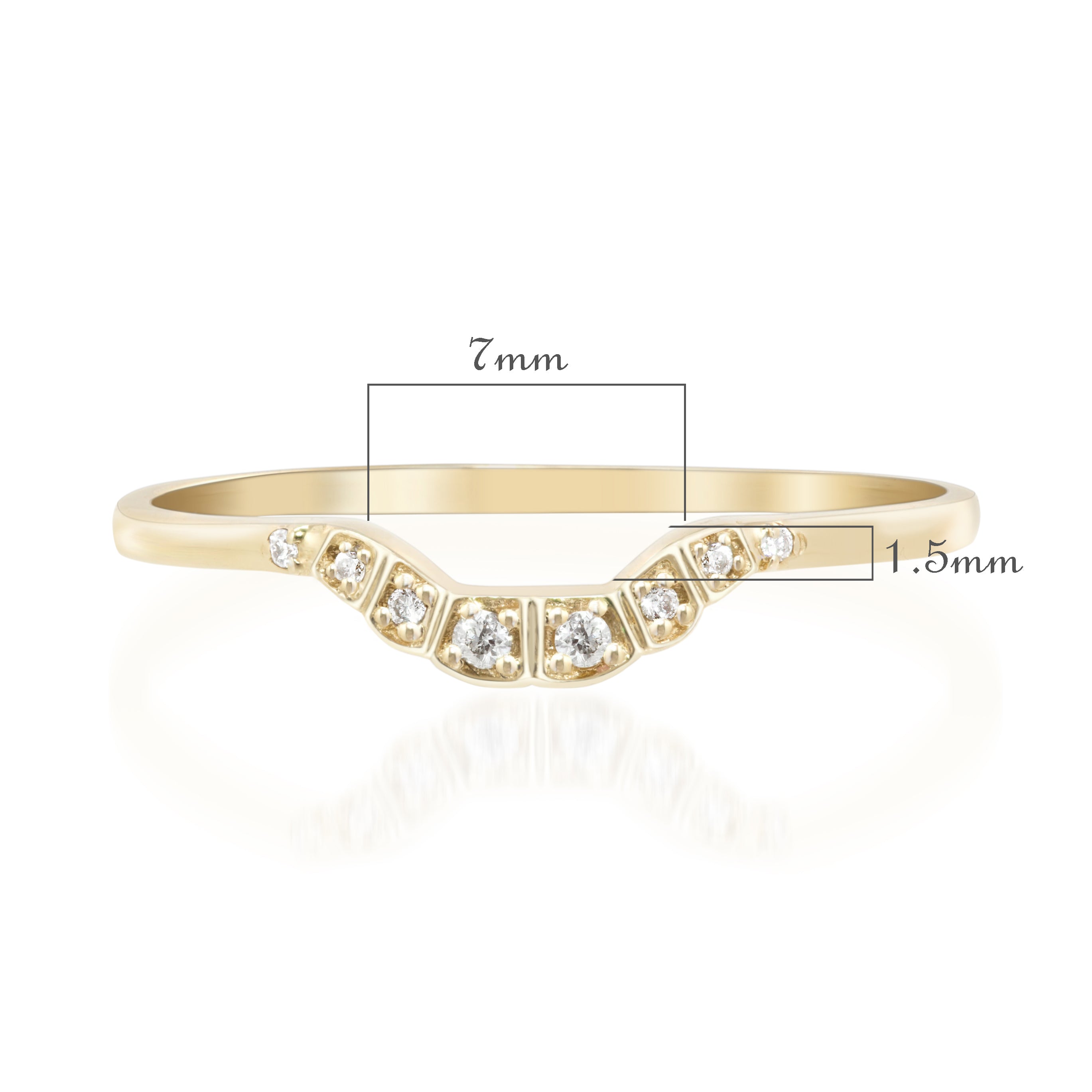 Ethically sourced solid gold curved ring with natural white diamonds, 7mm wide and 1.5mm deep U-shaped band.