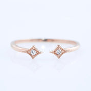 Rose gold double star open ring with natural white diamonds, brilliant cut, delicate 1.3mm band, ethically sourced materials.