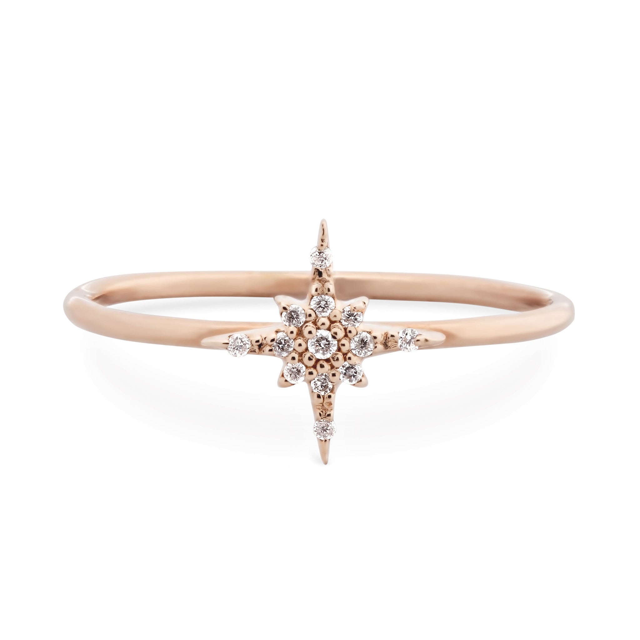 Rose gold starburst diamond ring with brilliant cut diamonds on a delicate 14k gold band