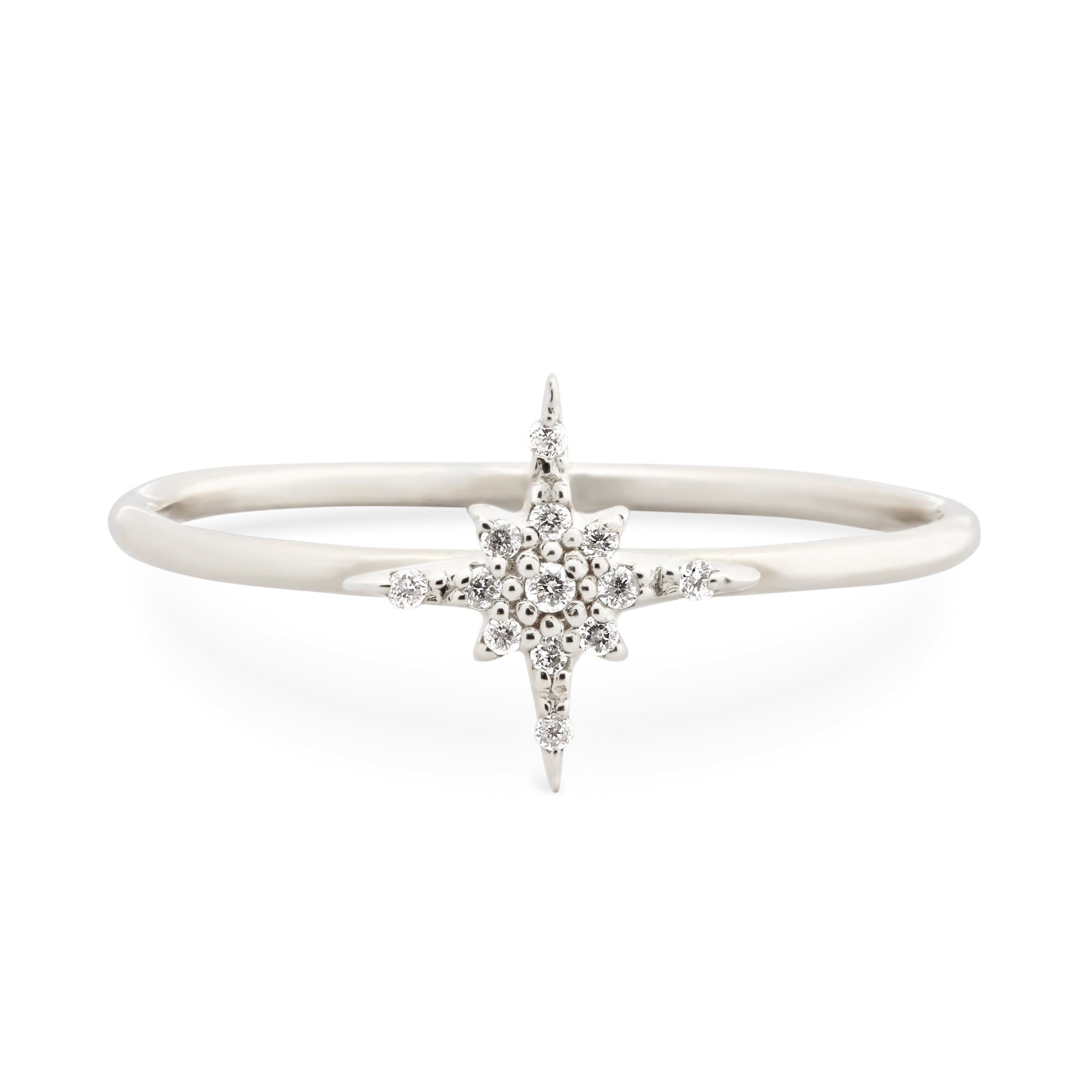 14k white gold starburst diamond ring with pave set diamonds on a slim 1.3mm band, size 7.5x9.0mm center design