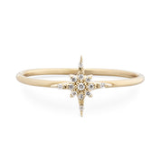 14k yellow gold starburst diamond ring with brilliant cut pave diamonds on a slim 1.3mm band size 7 in gift box