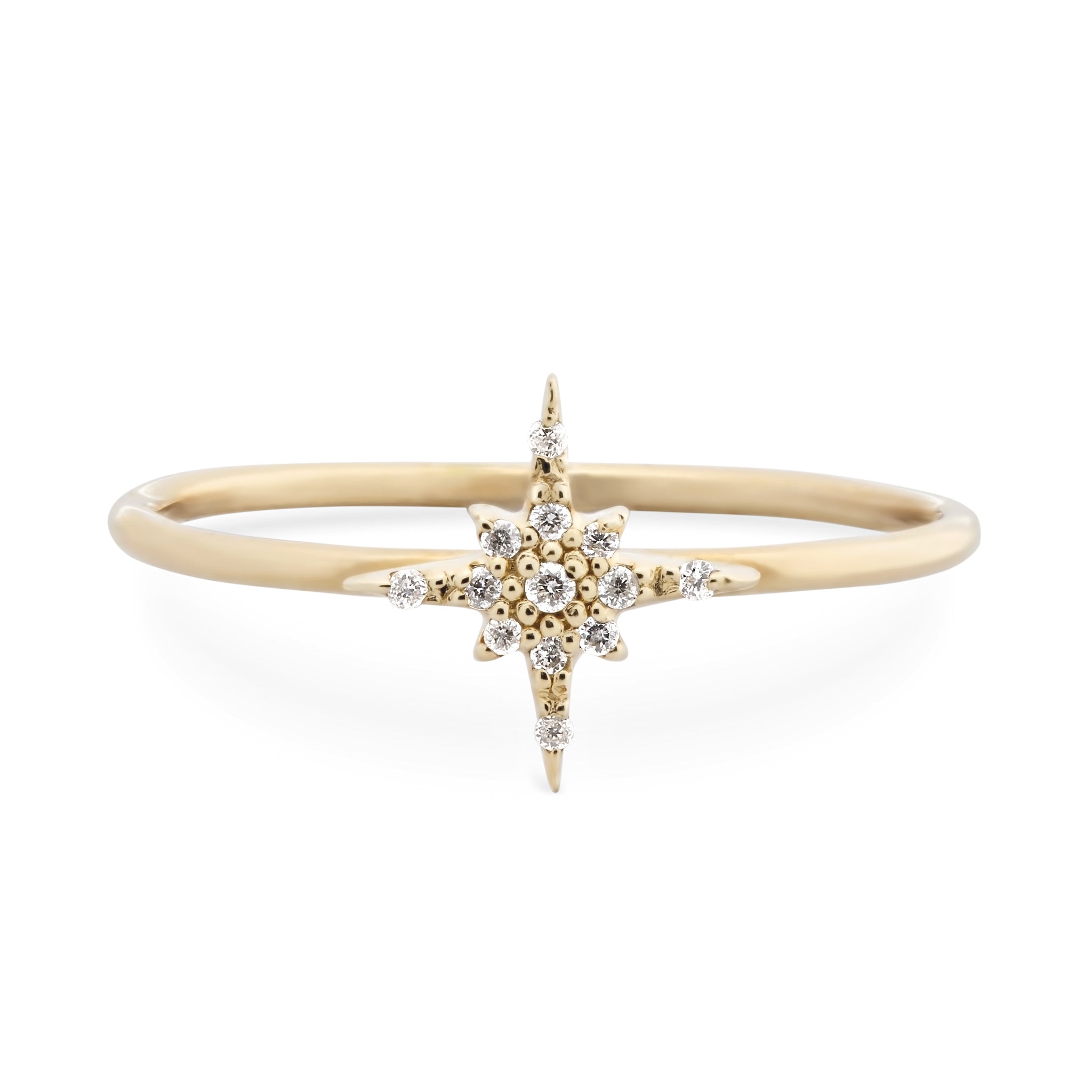 14k yellow gold starburst diamond ring with brilliant cut pave diamonds on a slim 1.3mm band size 7 in gift box