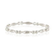 14k white gold beaded stacking ring with alternating round and elongated beads, delicate 1.5mm band design