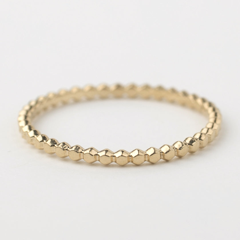 14k solid yellow gold beaded stacking ring with 1.5mm bandwidth, handmade and ideal for versatile styling.