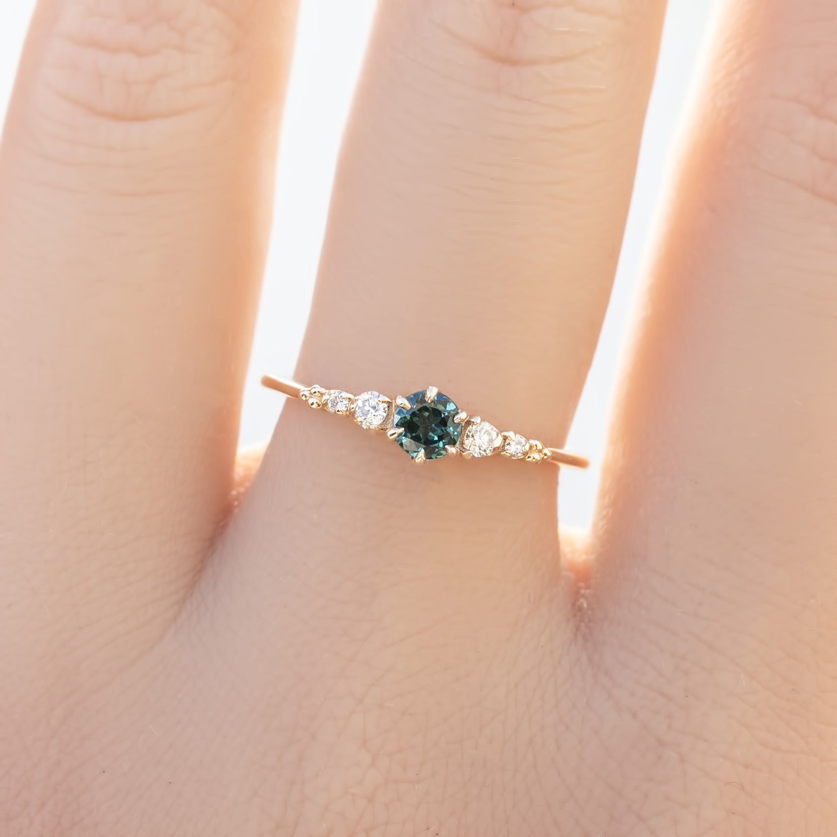 Estel Fleur Six Prongs Ring 4mm 0.30ct Blue Green Round Queensland Sapphire, 14K Yellow Gold