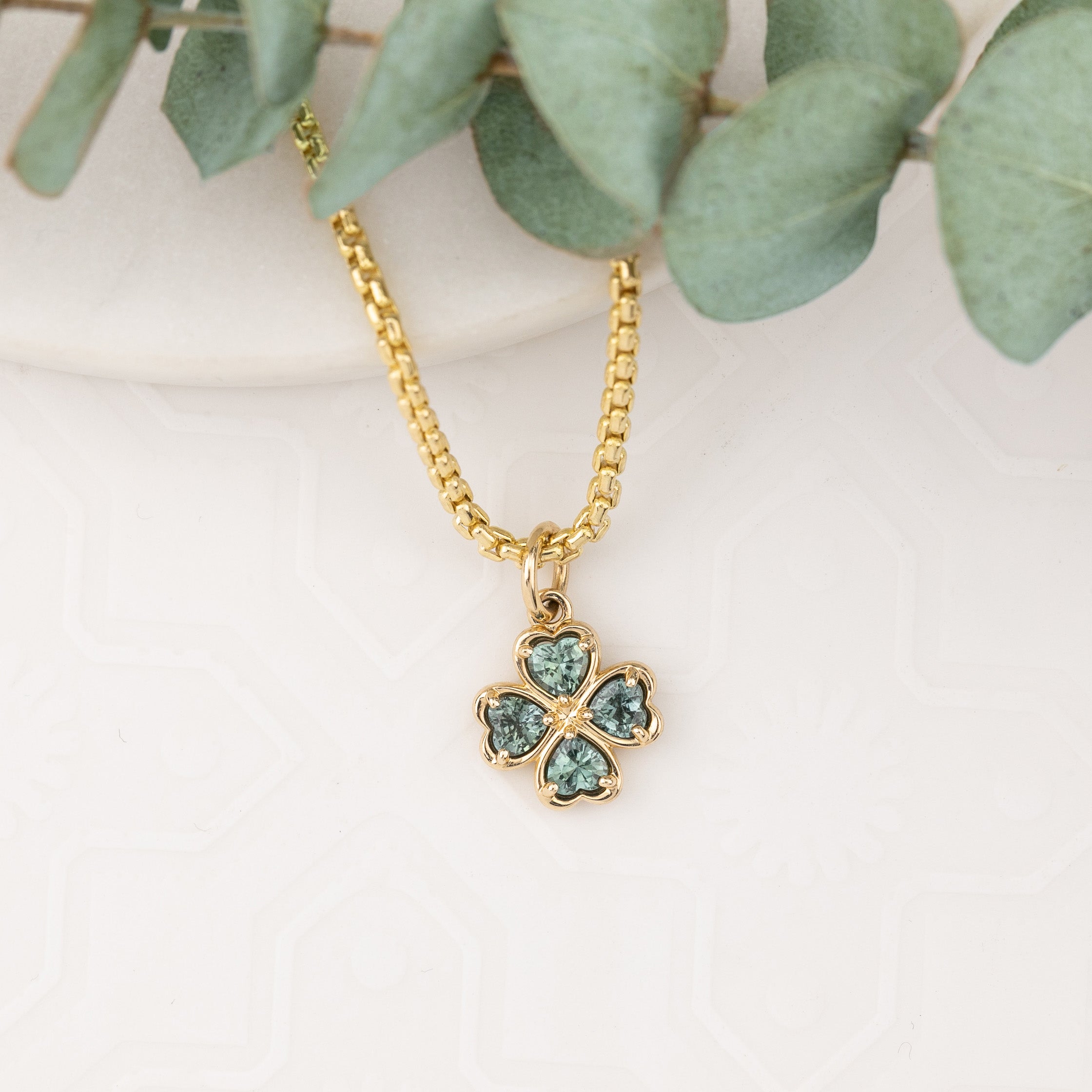 14K Gold Green Sapphire Four Heart Clover Charm