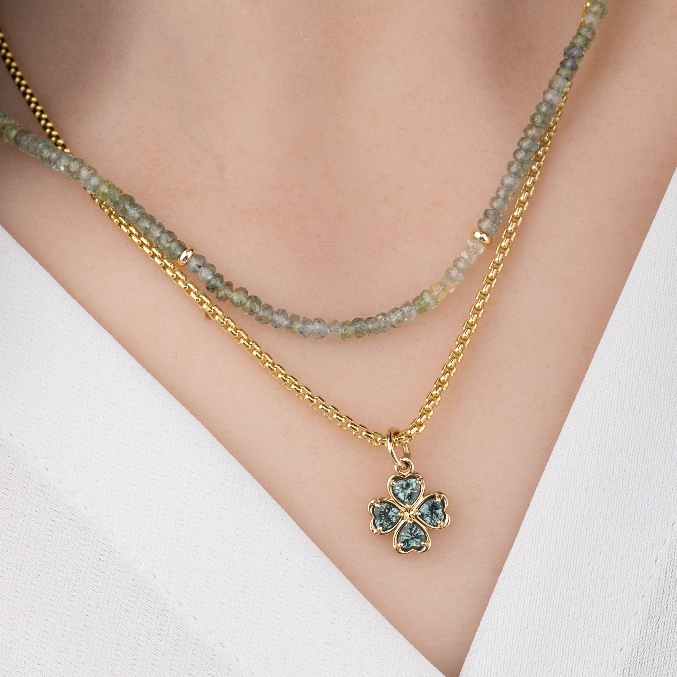 14K Gold Green Sapphire Four Heart Clover Charm