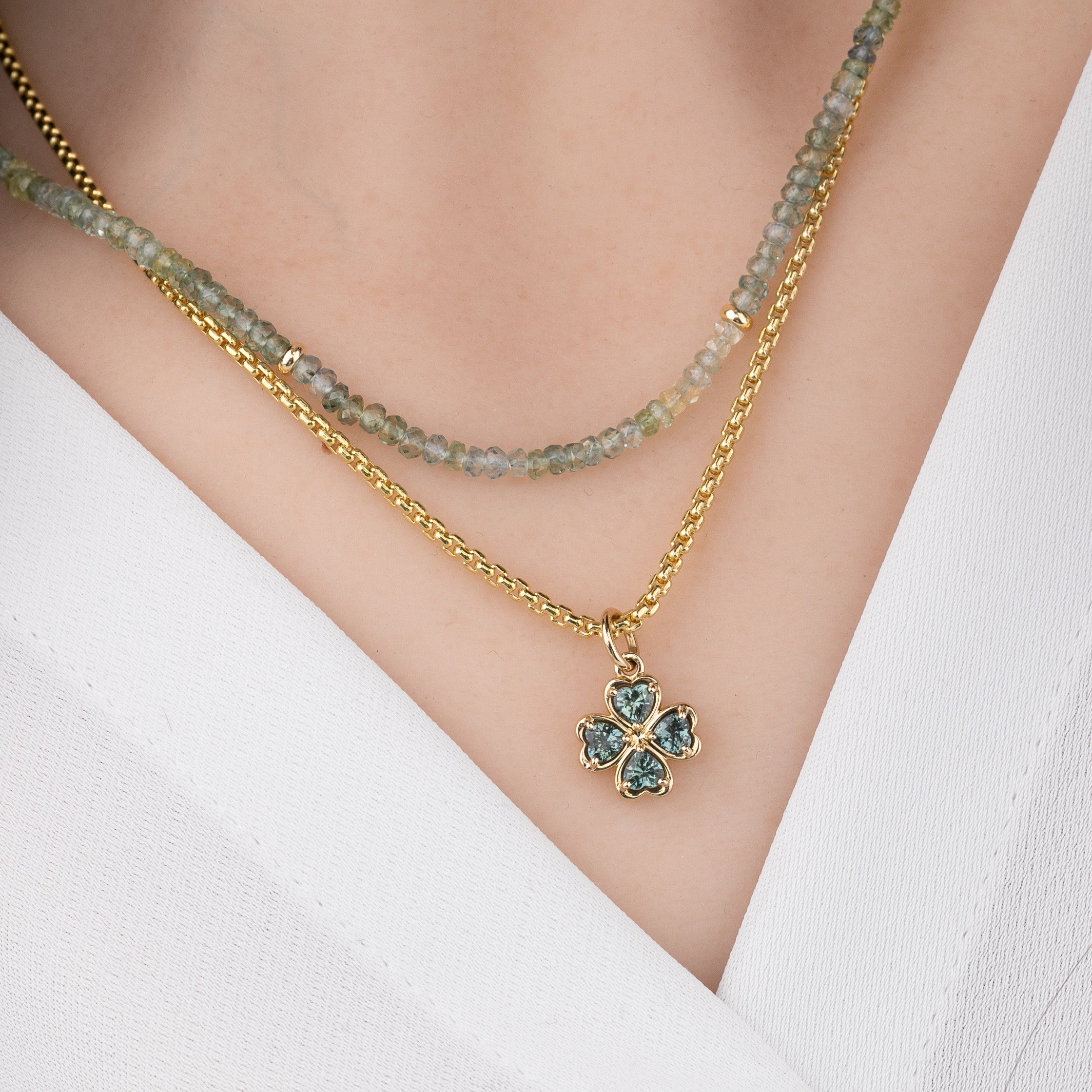 14K Gold Green Sapphire Four Heart Clover Charm
