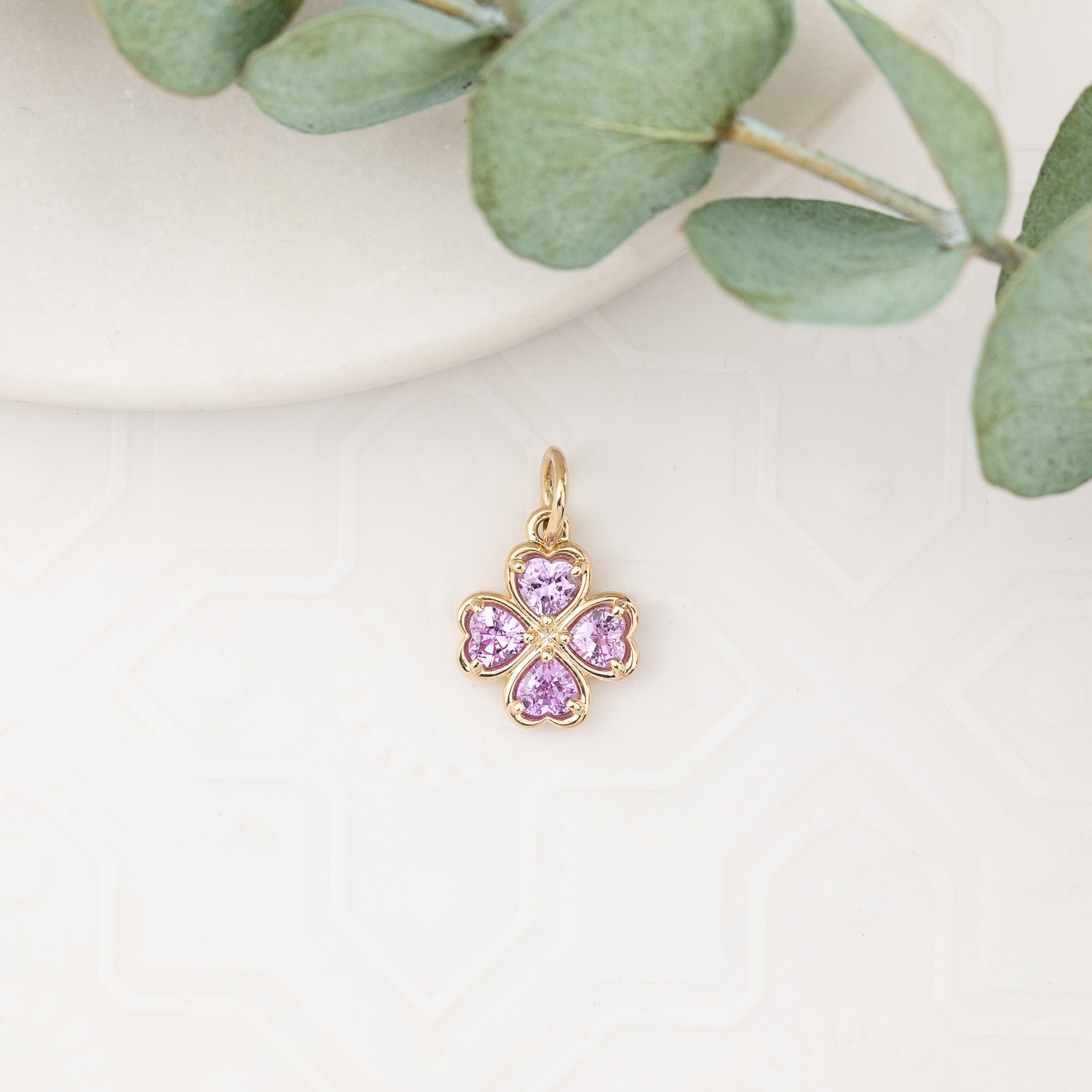 14K Gold Pink Sapphire Four Heart Clover Charm