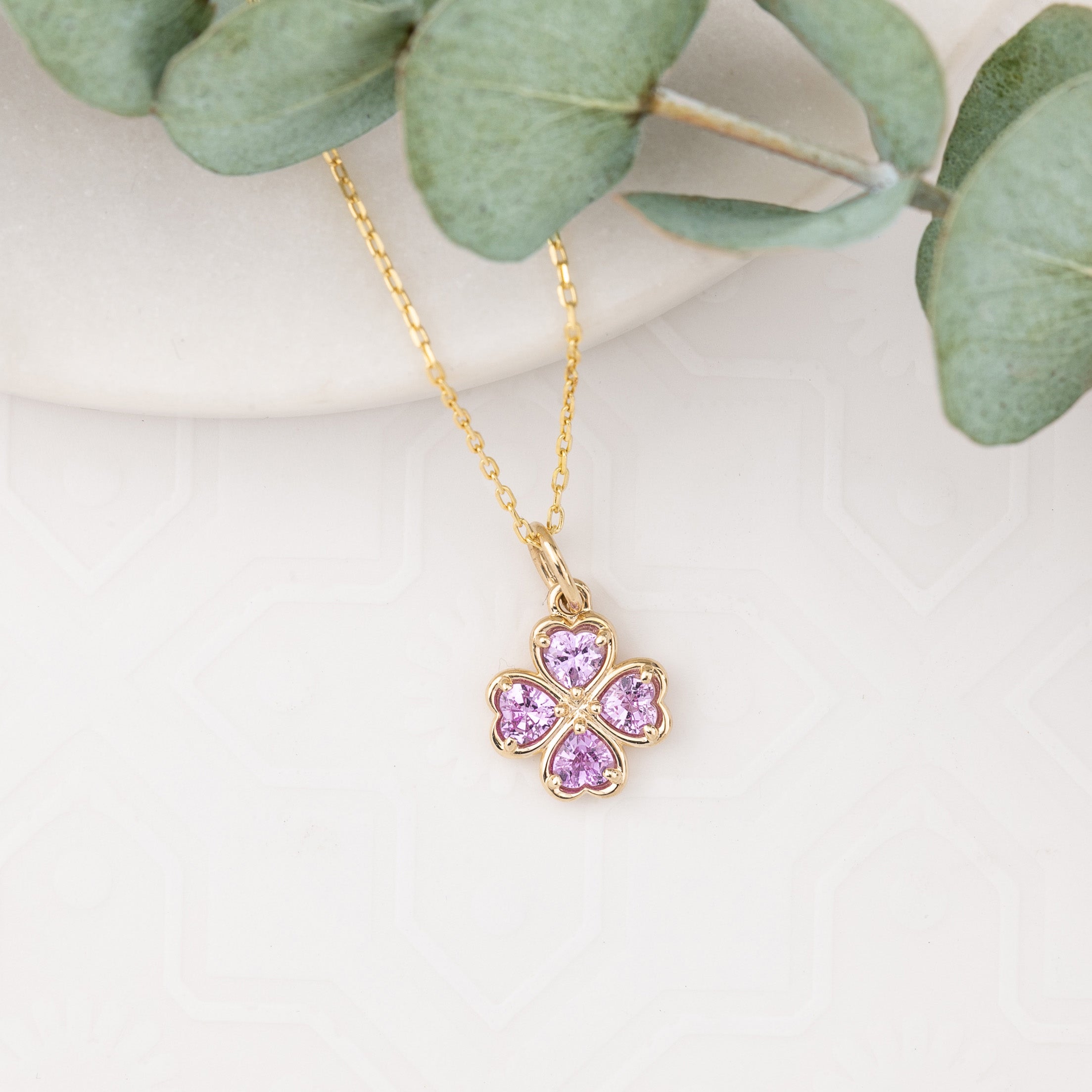 14K Gold Pink Sapphire Four Heart Clover Charm