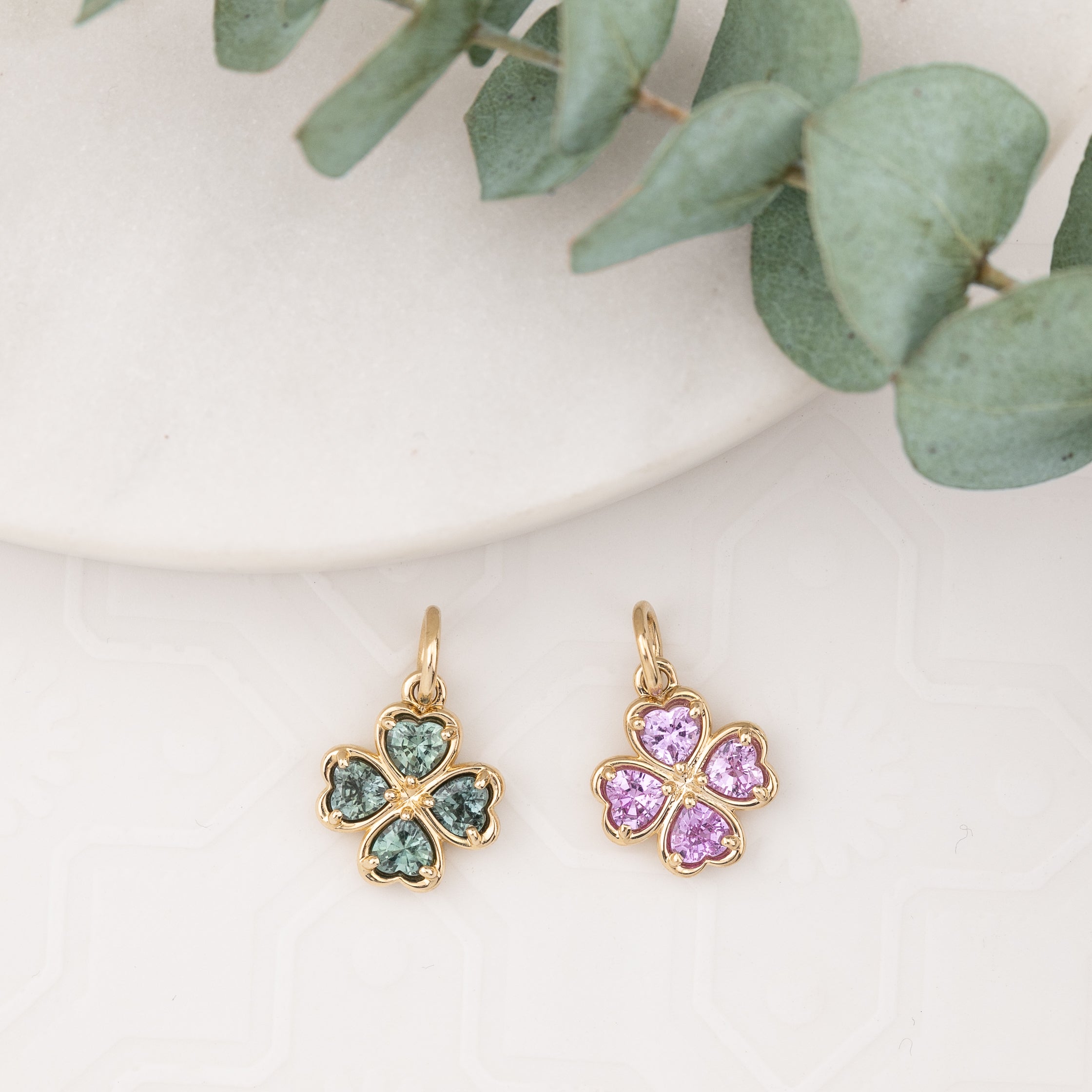 14K Gold Green Sapphire Four Heart Clover Charm
