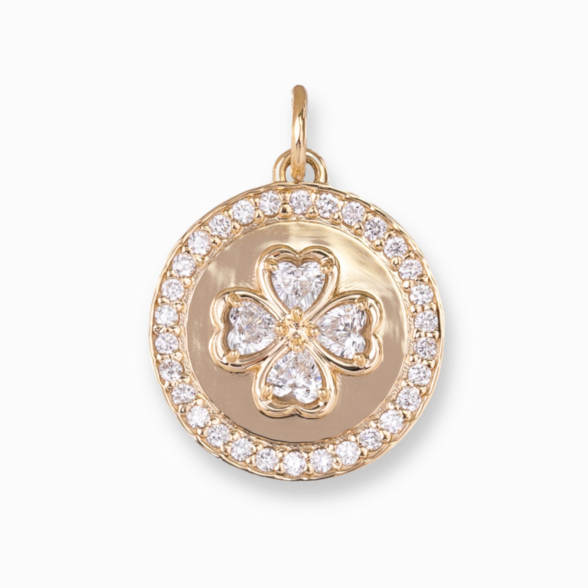 14K Gold Lab Diamond Heart Clover Disc Charm