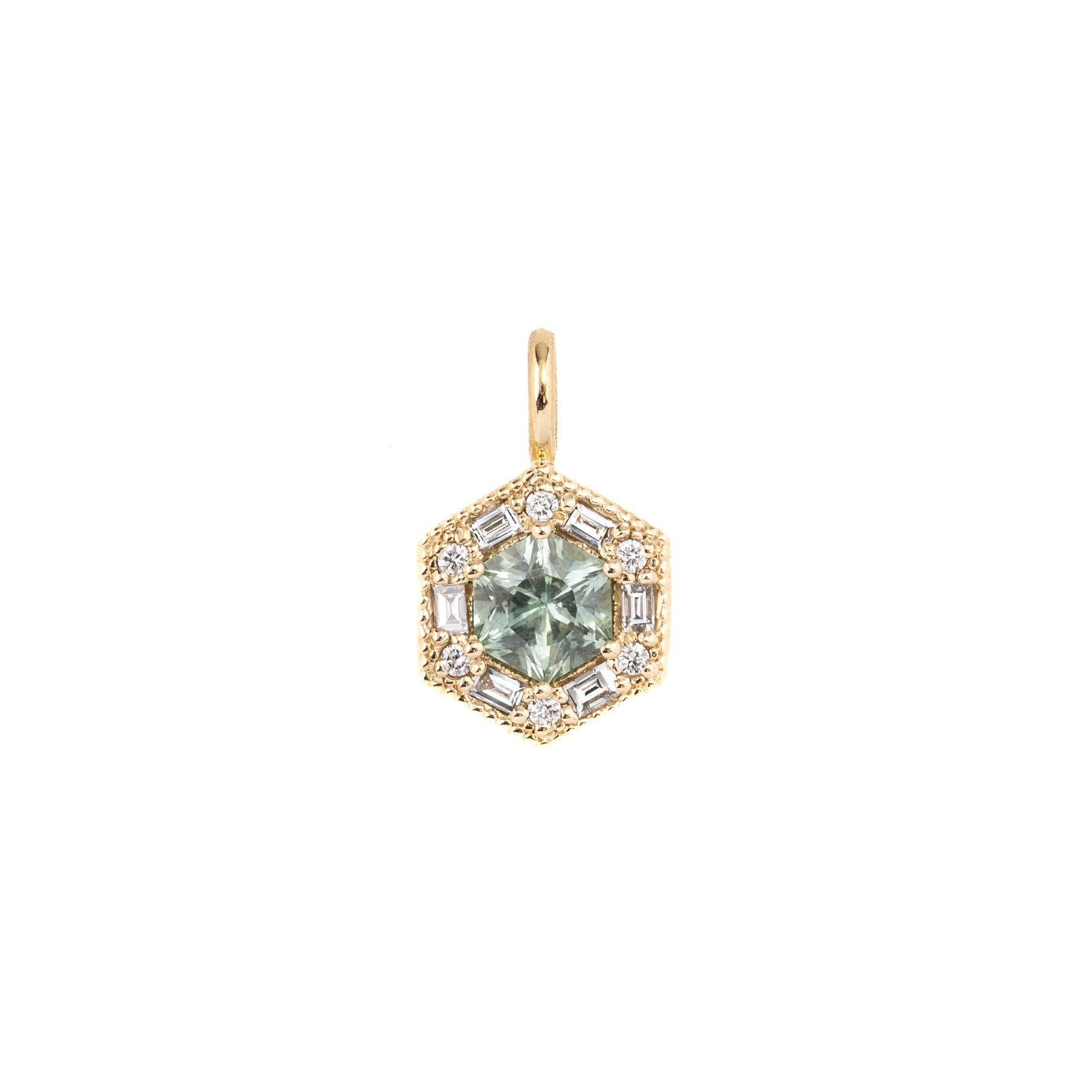 Lila Hexagon Necklace - 5mm Montana Green Sapphire Necklace, 14k yellow gold (One of a kind)