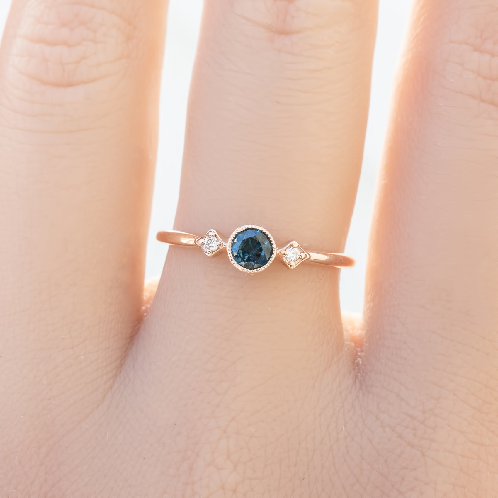 Moon& Star Ring - 4mm 0.30ct Teal Blue Queensland Sapphire, 14k Rose Gold