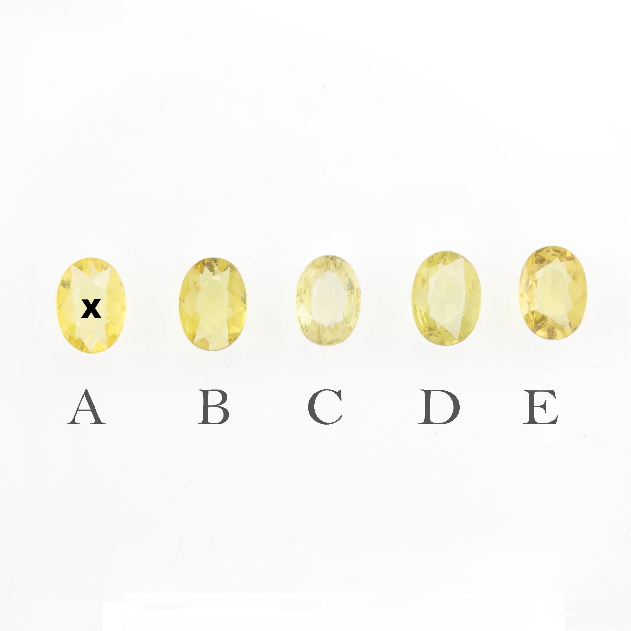 Five oval yellow gemstones labeled A, B, C, D, and E on a white background, with the letter X overlaid on gemstone A.
