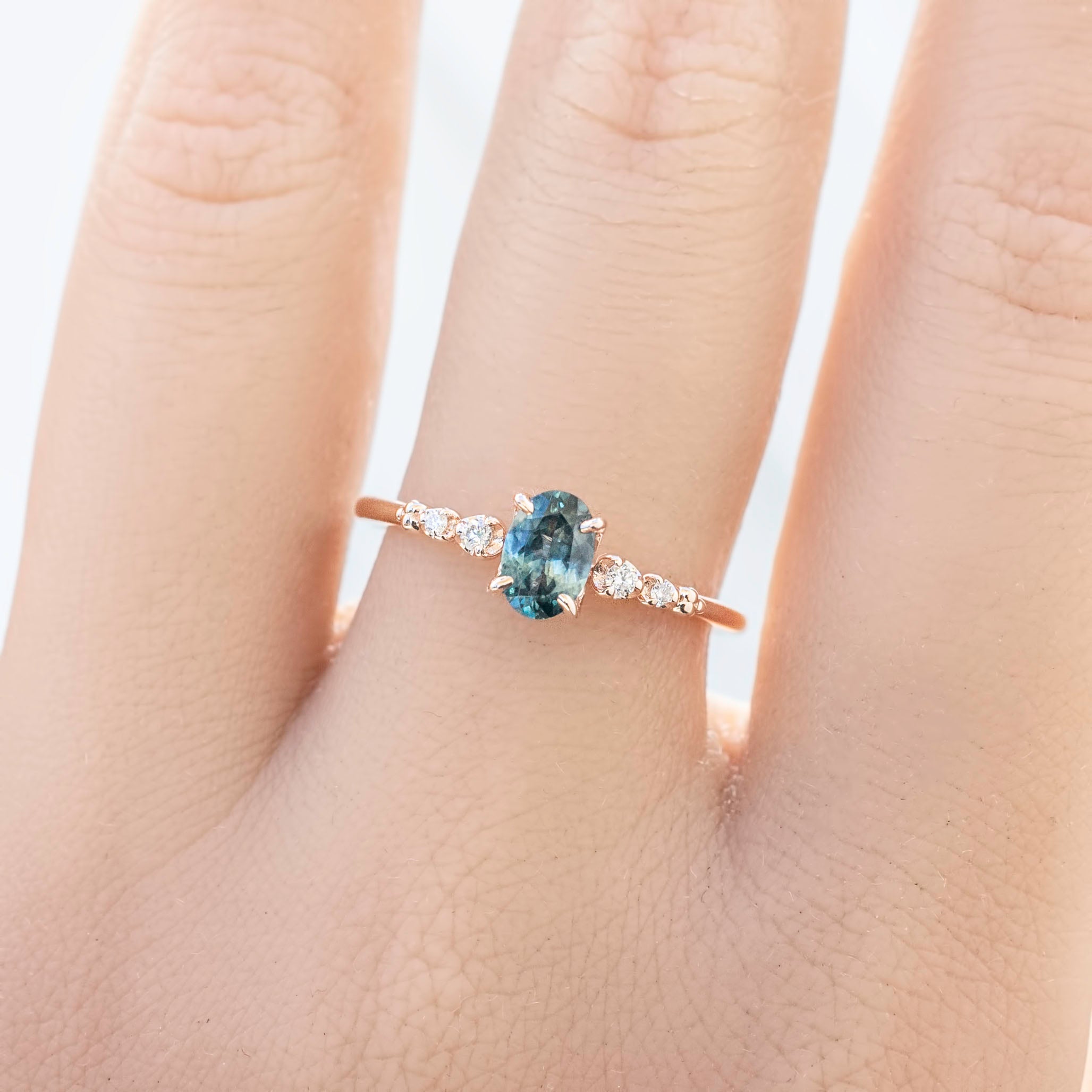 Estel Fleur Four Prongs Ring, 0.60ct Blue Green Montana Sapphire, 14k Rose Gold