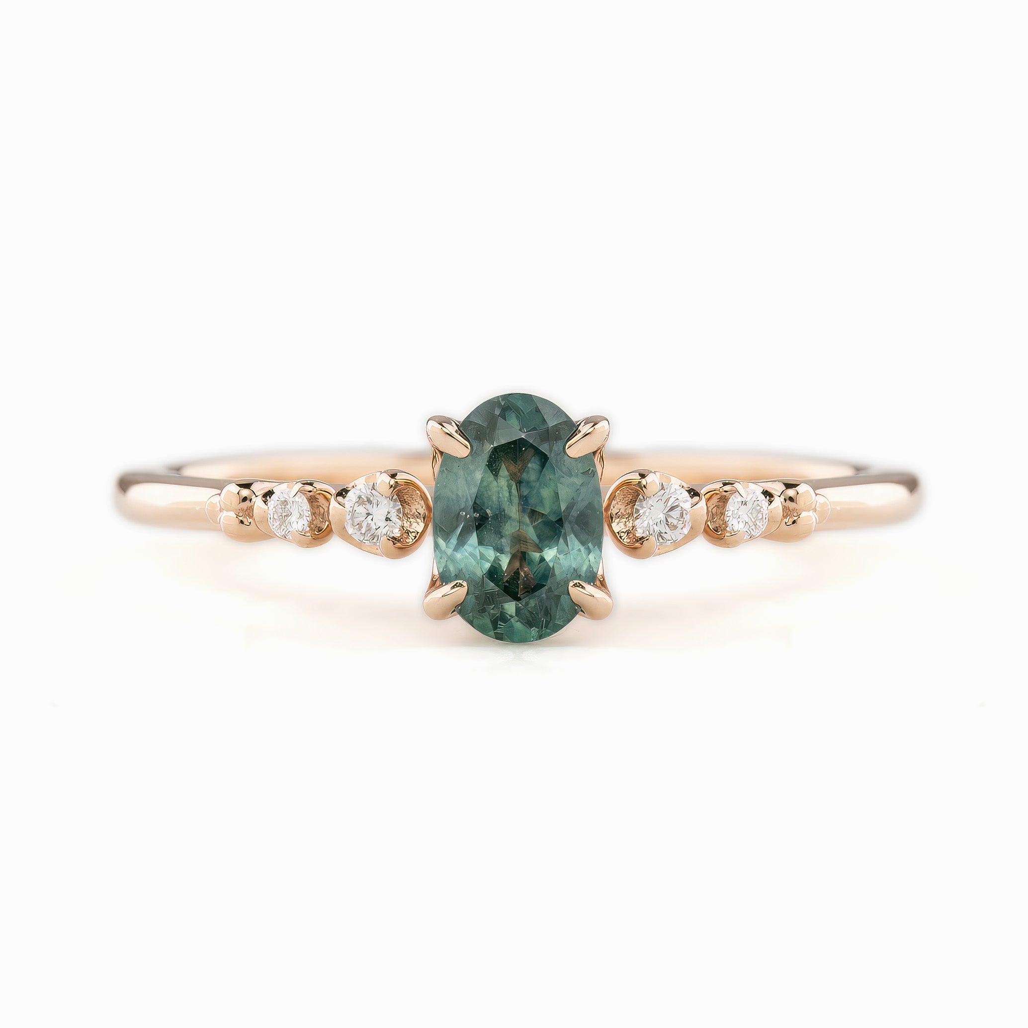 Estel Fleur Four Prongs Ring, 0.60ct Blue Green Montana Sapphire, 14k Rose Gold