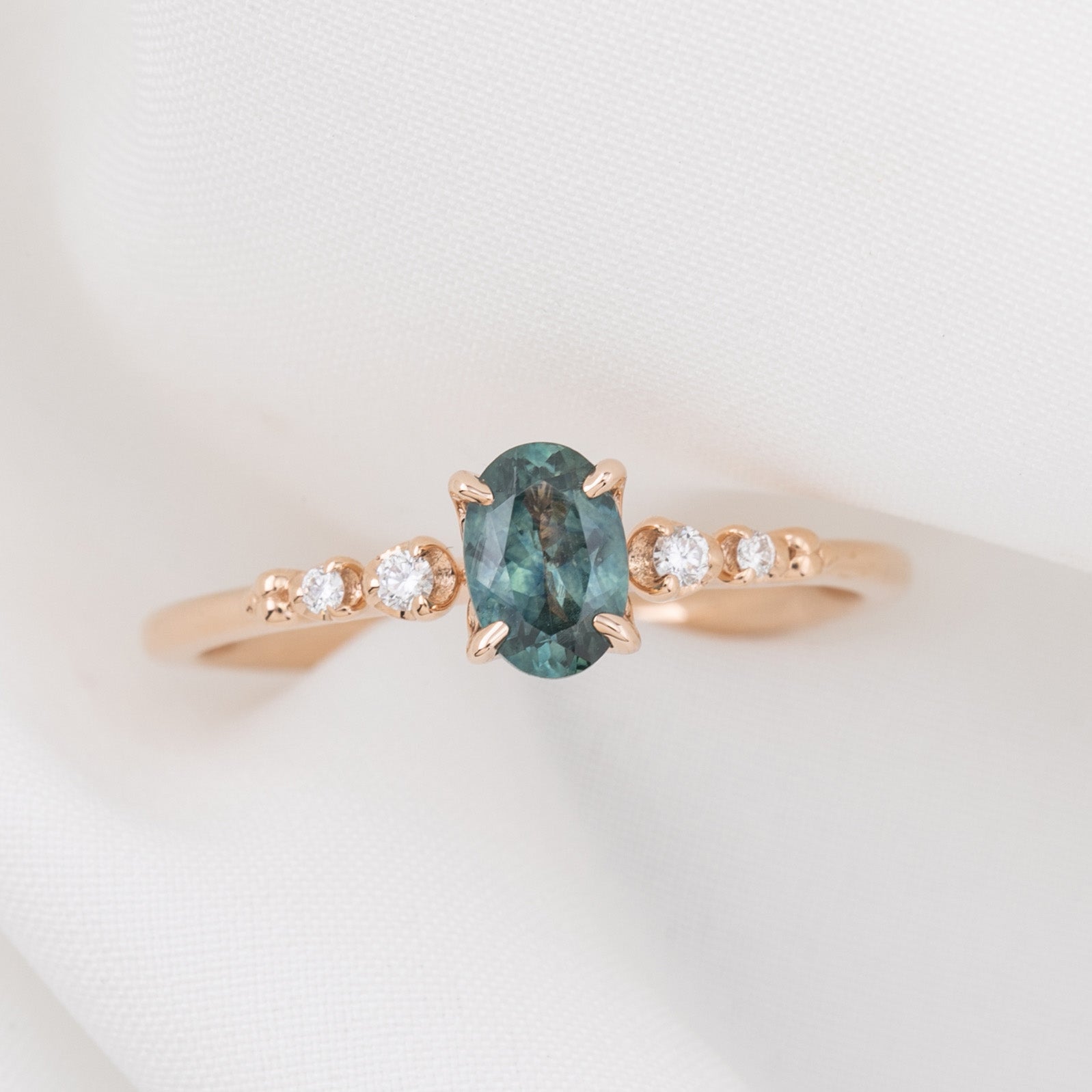 Estel Fleur Four Prongs Ring, 0.60ct Blue Green Montana Sapphire, 14k Rose Gold
