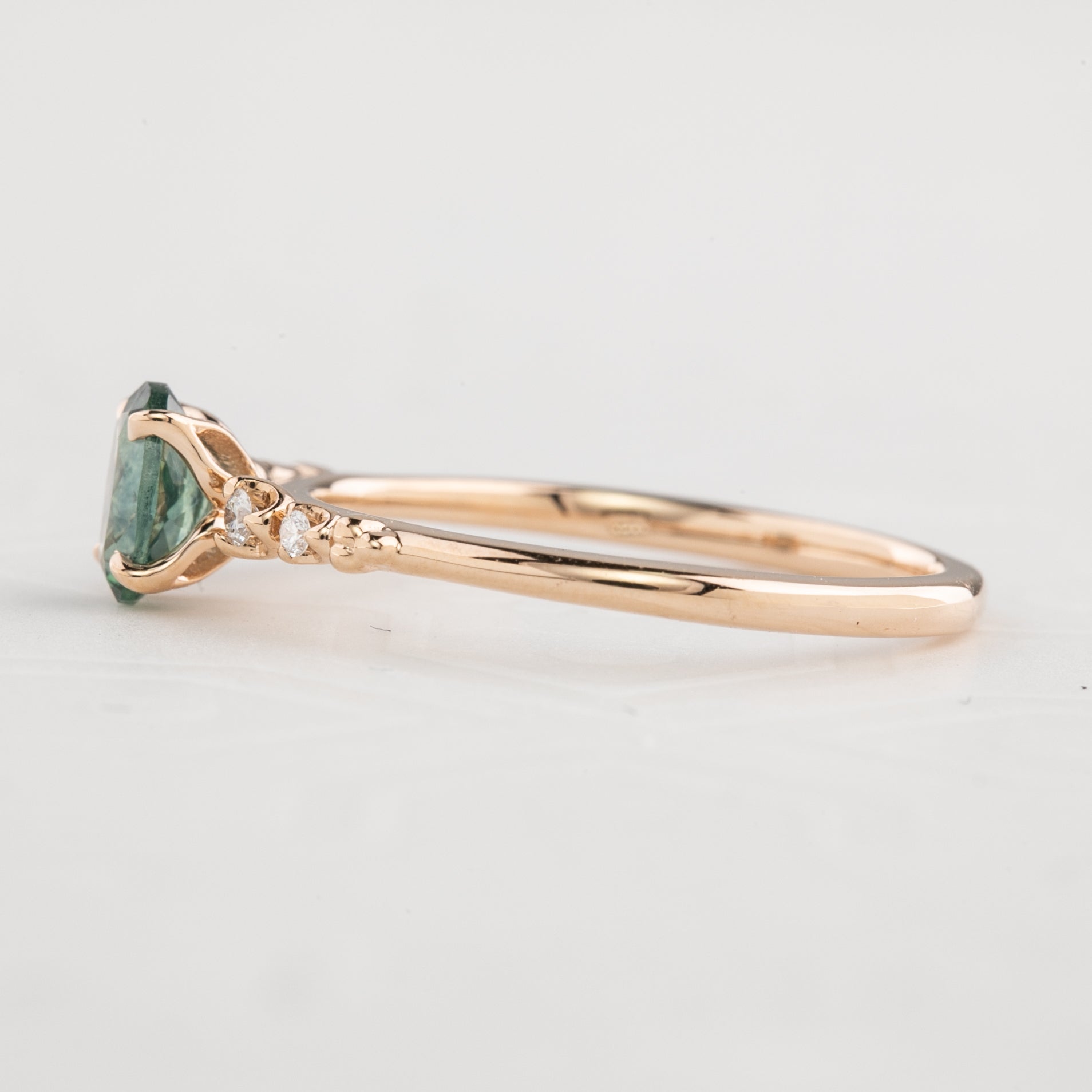 Estel Fleur Four Prongs Ring, 0.60ct Blue Green Montana Sapphire, 14k Rose Gold