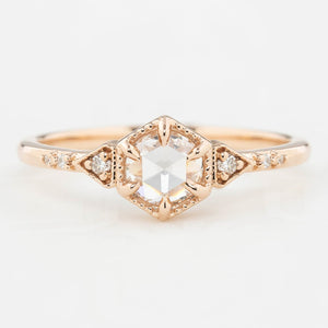 Art Deco-inspired 14k rose gold featuring a 0.45ct round rose cut diamond