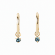 14K yellow gold hoop earrings with 3mm blue-green Montana sapphires in 3-prong settings