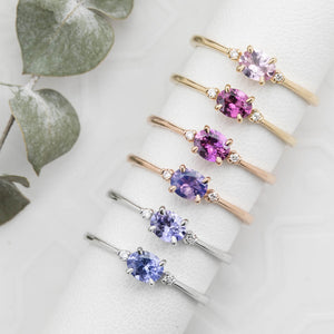 Six Emilie 0.45ct Umba sapphire ring worn to show the unique horizontal orientation  in different materials. 