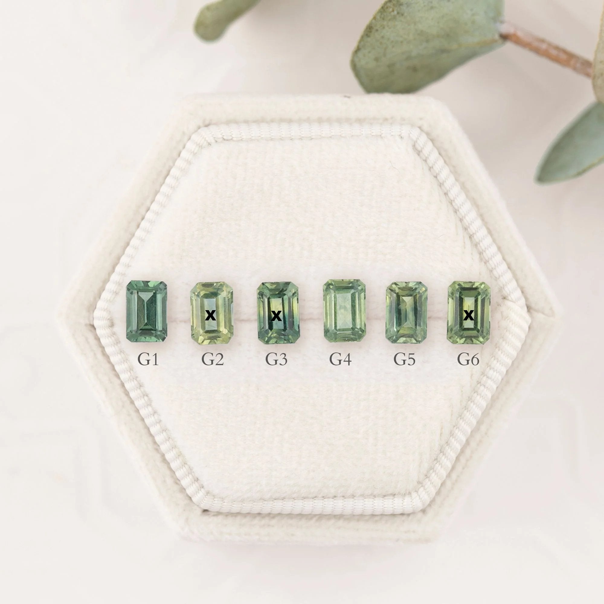 Six emerald-cut green gemstones labeled A to F on a light gray background